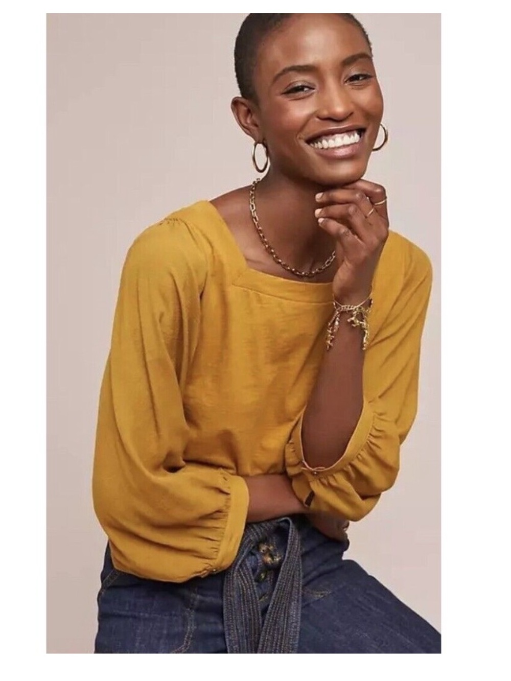 Anthropologie Mustard Square-Neck Blouse with Balloon Sleeves